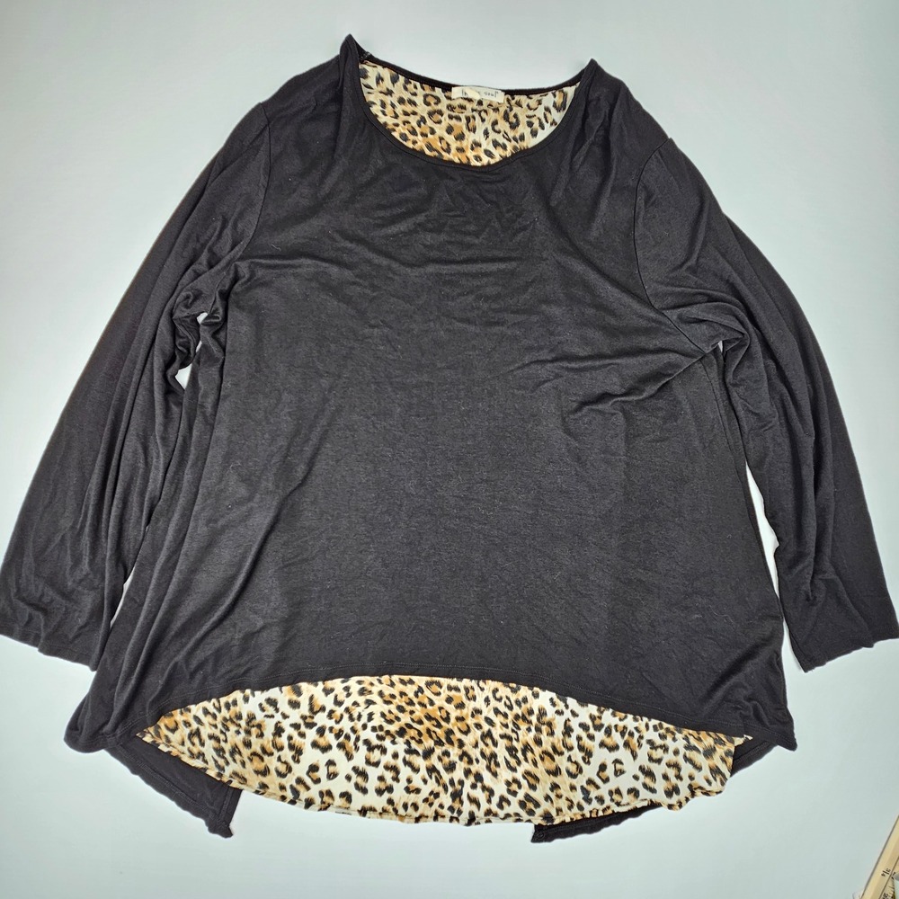 Indigo Soul Womens 2XL Black Leopard Print High-Low Split Back Top Lagenlook